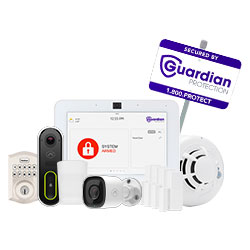 Security equipment included in Guardian's Burglar Buster package including smart door lock, outdoor camera, and security panel.