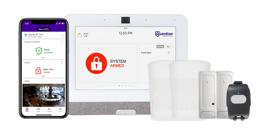 Guardian Protections small business security package including panel, sensors, and mobile app.