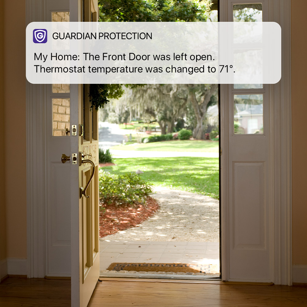 Open front door with Guardian mobile app notification showing thermostat reminder.