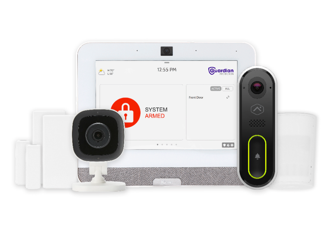 Guardian Protection homes security devices including motion detector, door/window contacts, indoor camera, security panel, and Video Doorbell Pro