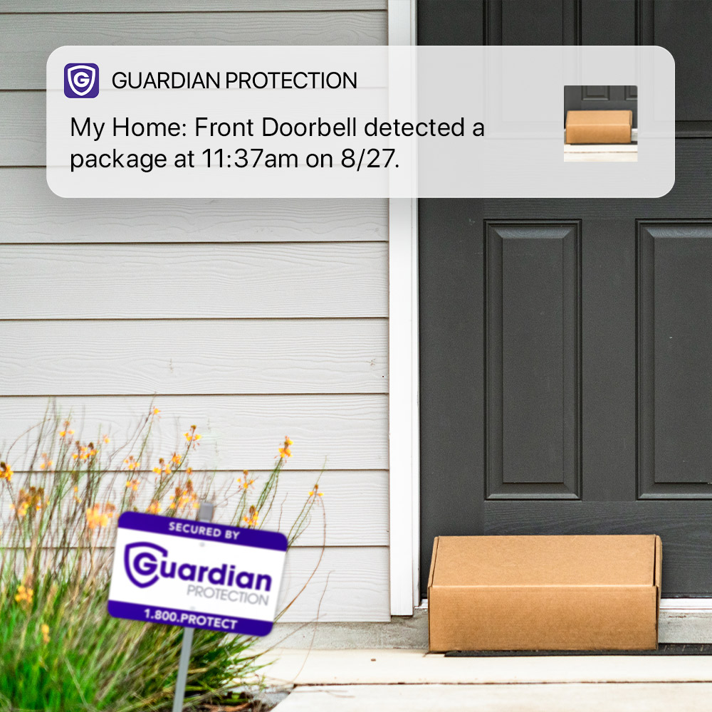 Guardian Protection's video doorbell notifying customer that a package has arrived