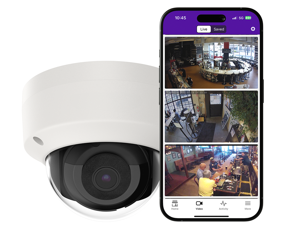 Commercial grade security camera used for Restaurant Security with smart phone opened to the Guardian app.