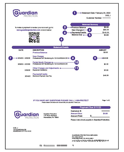 Guardian Protection billing statement