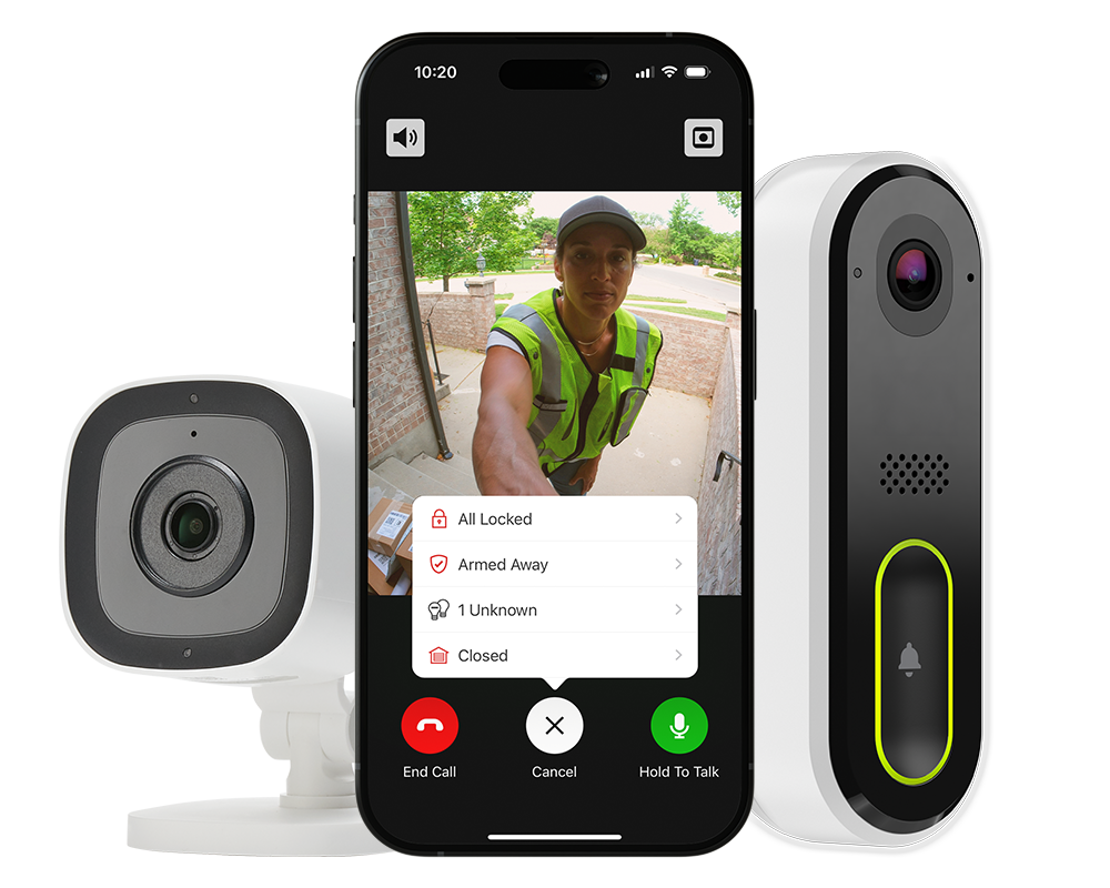 iPhone open to video doorbell camera view of delivery driver with image of an indoor security camera and a video doorbell camera