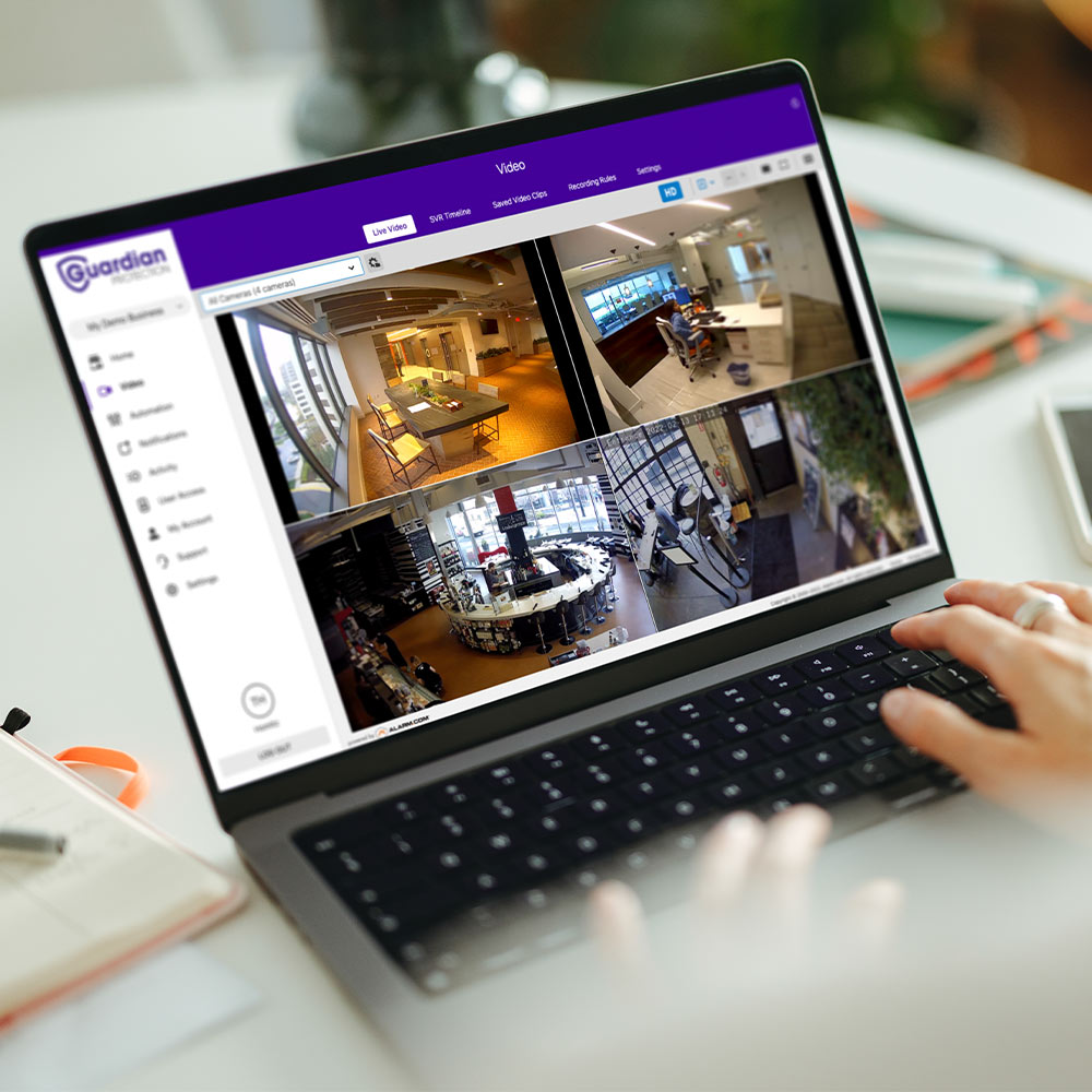 Feeds from Guardian Protection business security cameras on a laptop