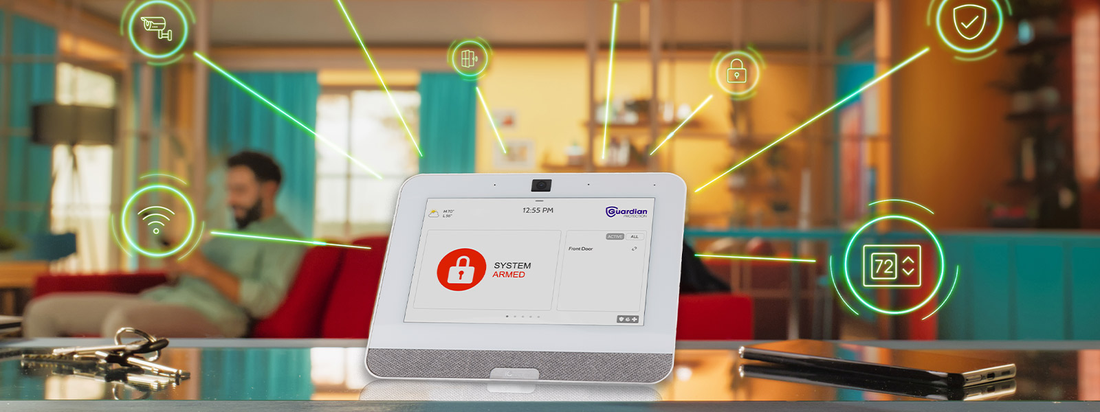 Guardian Protection home security panel showing various automation icons