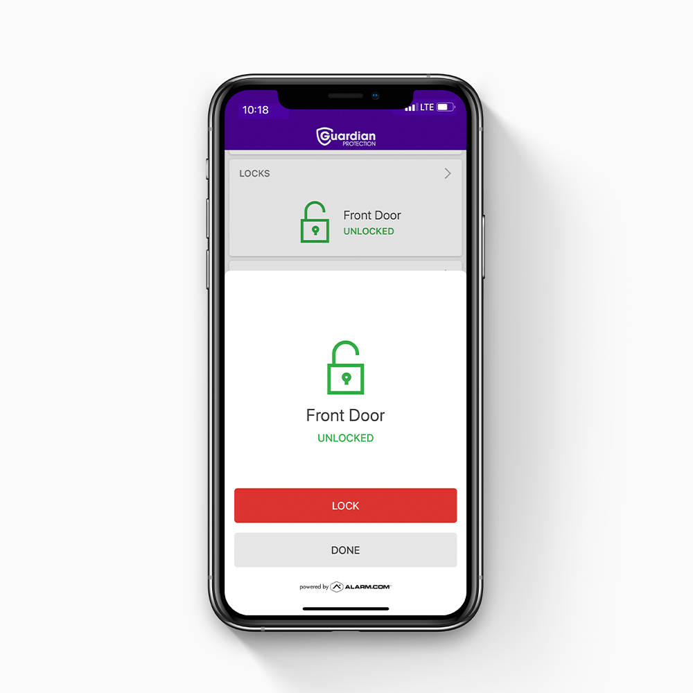 Guardian Protection app showing the smart door lock's status as unlocked.