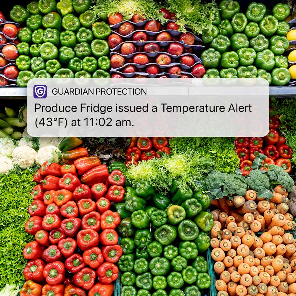 Temperature control notification form the Guardian Protection app over a photo of fresh produce