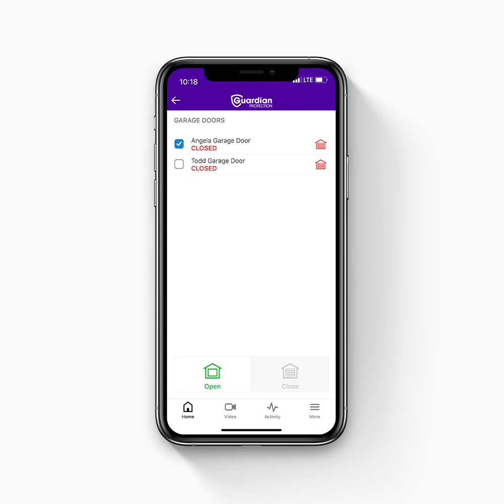Guardian Protection app showing garage door notifications