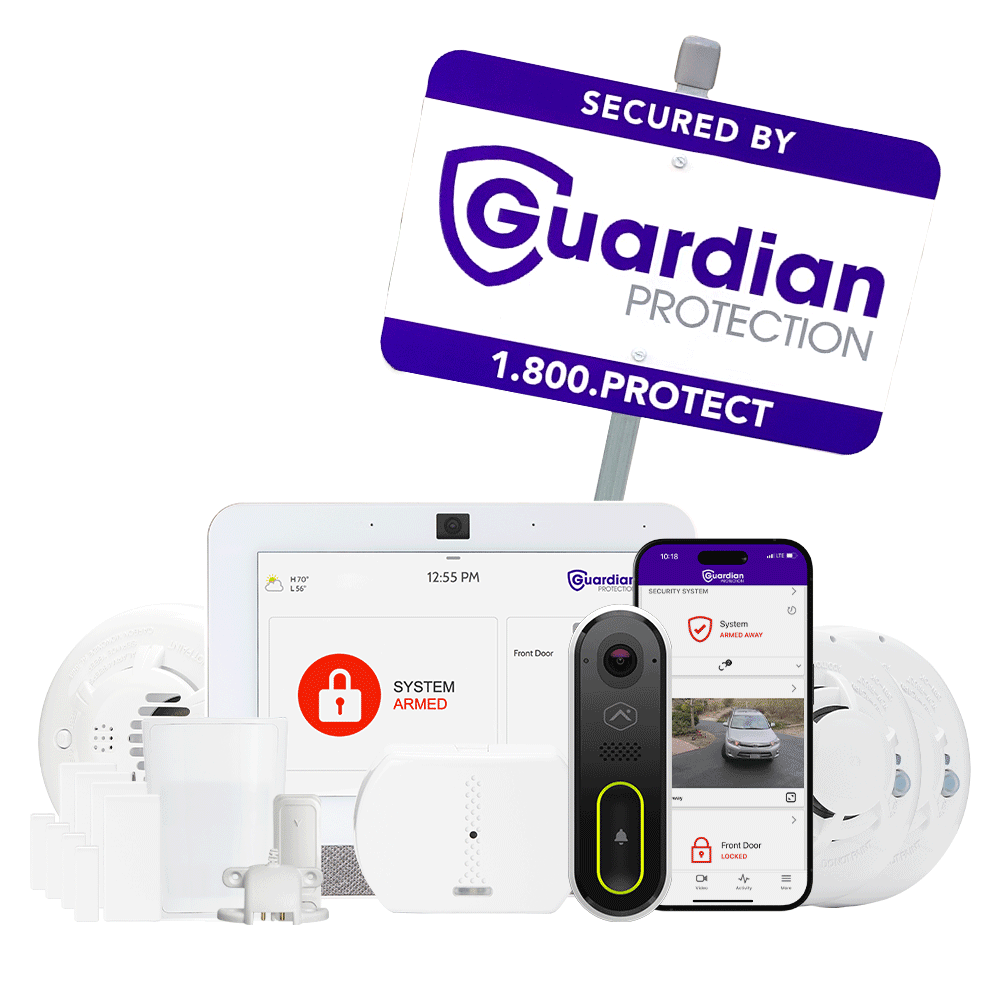 Devices included in The Life Safety Home Security Package with mobile app and Guardian Protection yard sign